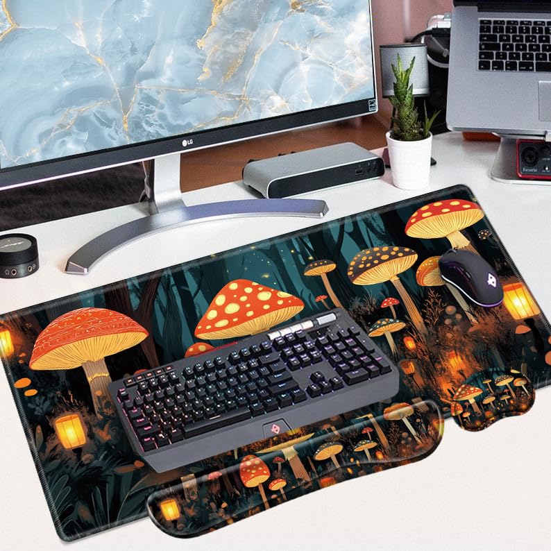 Mushroom Mouse Pad and Keyboard Wrist Rest Japanese Desk Mat Set Gaming Mousepad with Wrist Support