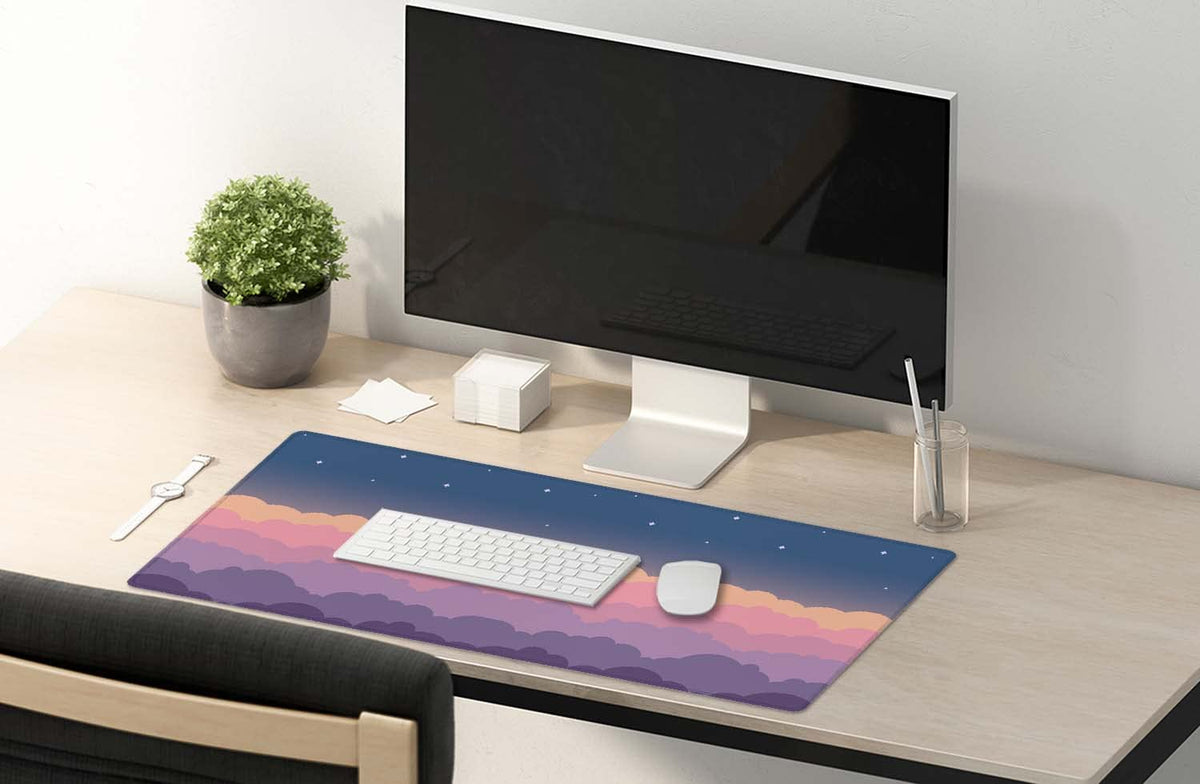 SSOIU Cute Clouds Purple Desk Mat, Extra Large XXL Gaming Mouse Pad 35.5" X 15.7", Waterproof with