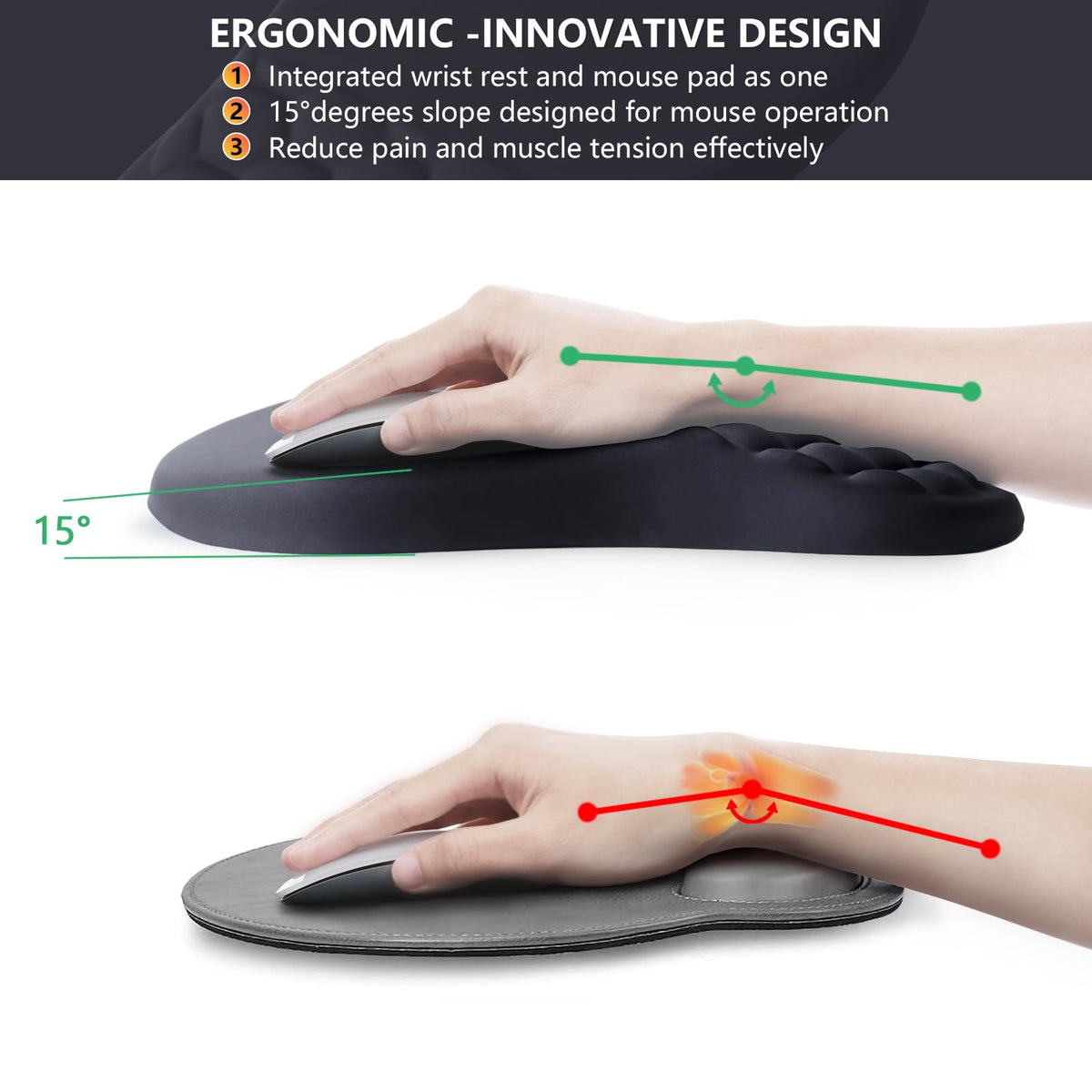 Laokiiy Ergonomic Mouse Pad Wrist Rest, 15° Memory Foam, Non-Slip PU Base