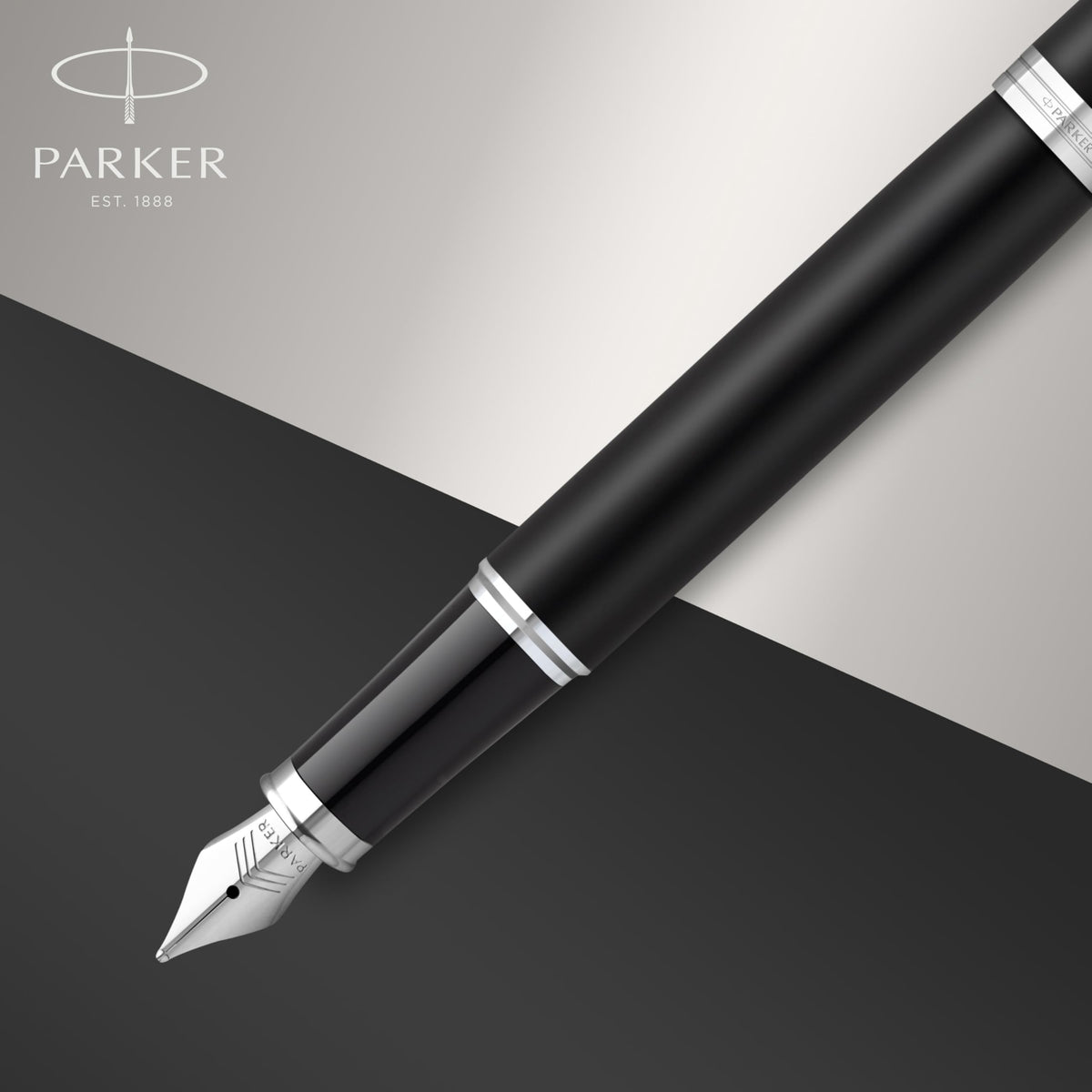 PARKER IM Fountain Pen | Matte Black with Chrome Trim | Fine Point with Blue Ink Cartridge | Gift