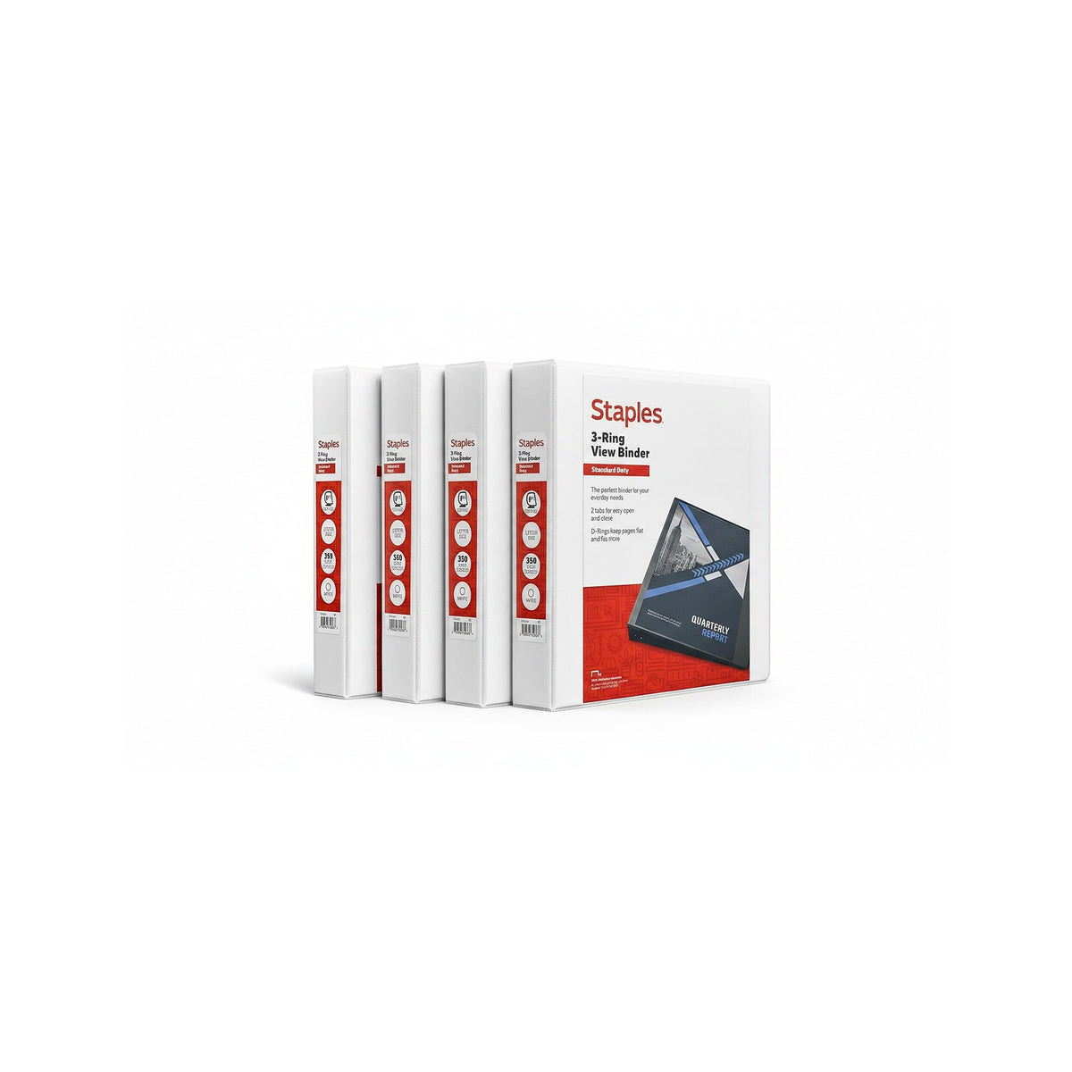Staples 1 1/2" 3-Ring View Binder, D-Ring, White, 4/Pack
