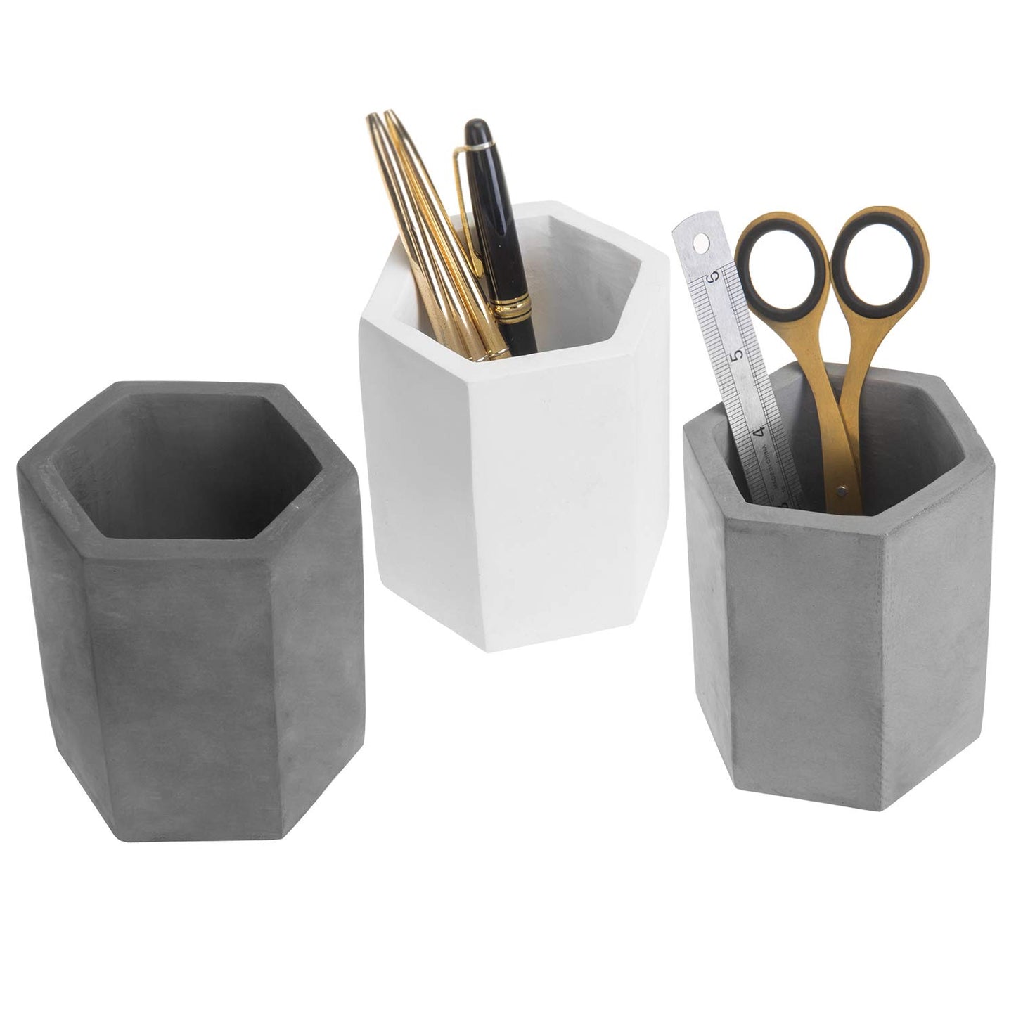 MyGift Cement Hexagon Pen Holders, Desktop Pencil Cups, Set of 3