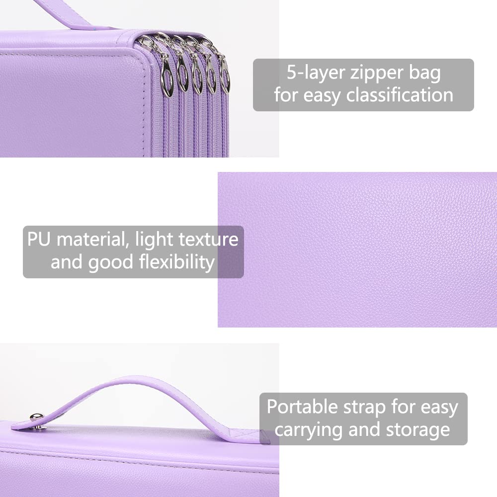 Vomgomfom 252 Slots Pencil Case 5-Layer PU Leather, Handle, Purple