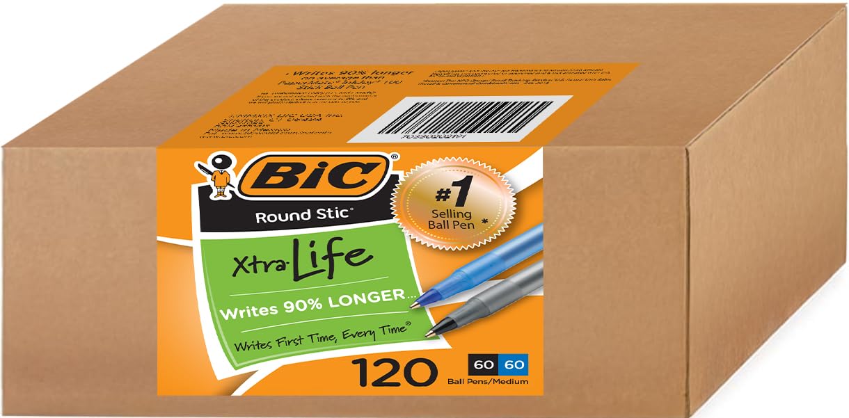BIC Round Stic Xtra Life Pens, 1mm, 60 Black & 60 Blue Pens, Pack of 120