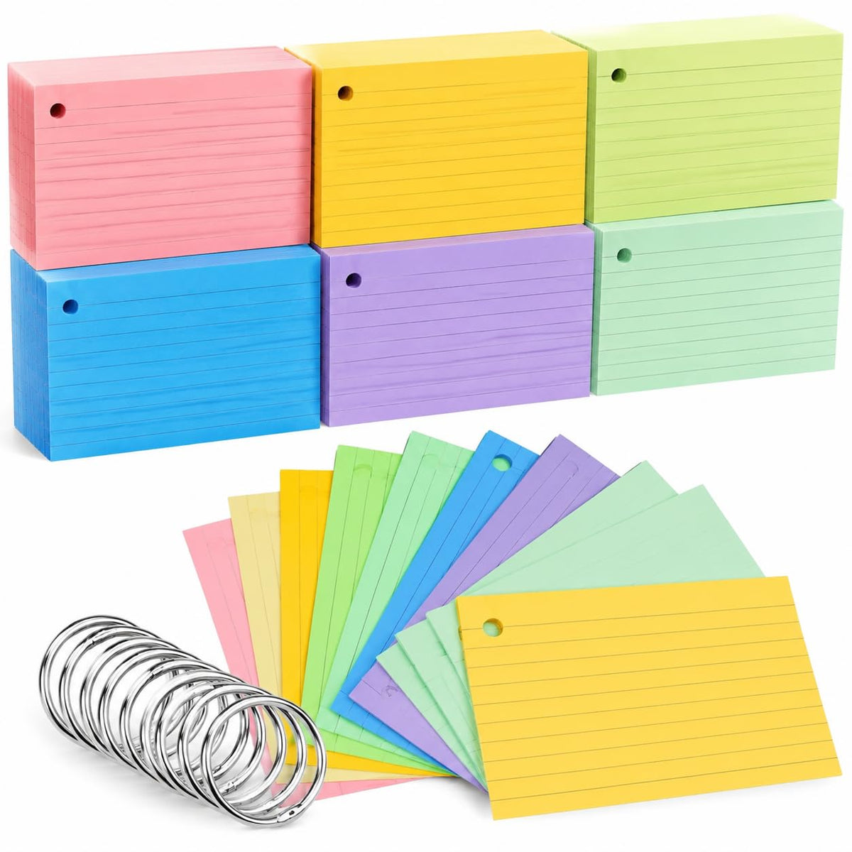 Tecmisse 600 Pieces Index Cards Rulded, Colorful Flash Cards 3 x 5 Index Card with Rings, Heavy