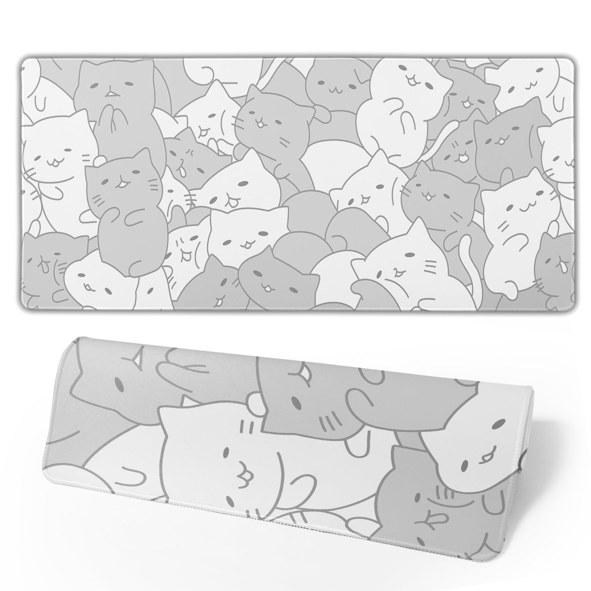 White Kawaii Cats E-Sport Mouse Pad Large Desk Mat Non-Slip Rubber Base Stitched Edge Keyboard