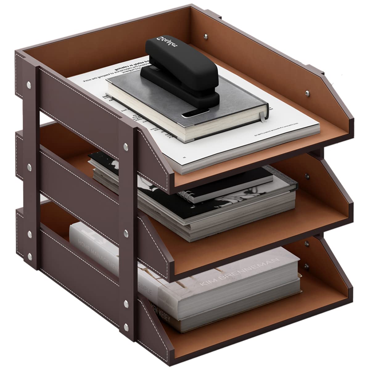 3 Tier Leather Magazine File Holder, Thipoten Paper Tray Organizer Desk Document File Organizer