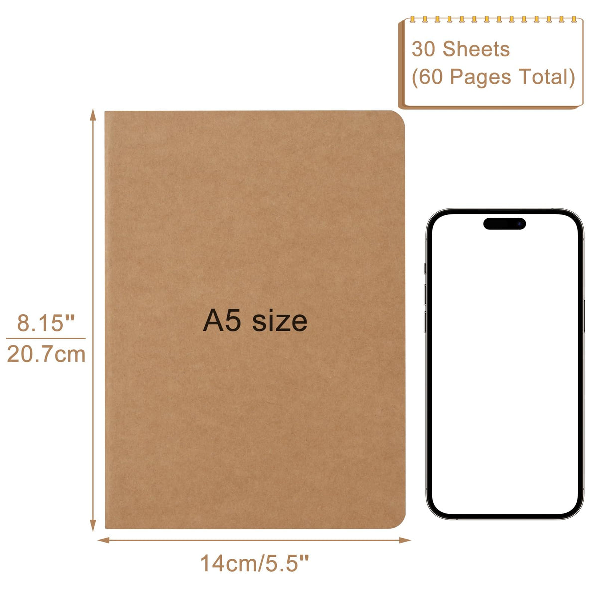 ZCZN 8 Pack A5 Kraft Notebooks Bulk, 8.15x5.5 Inches Graph Paper Journaling Notebooks, Notebooks