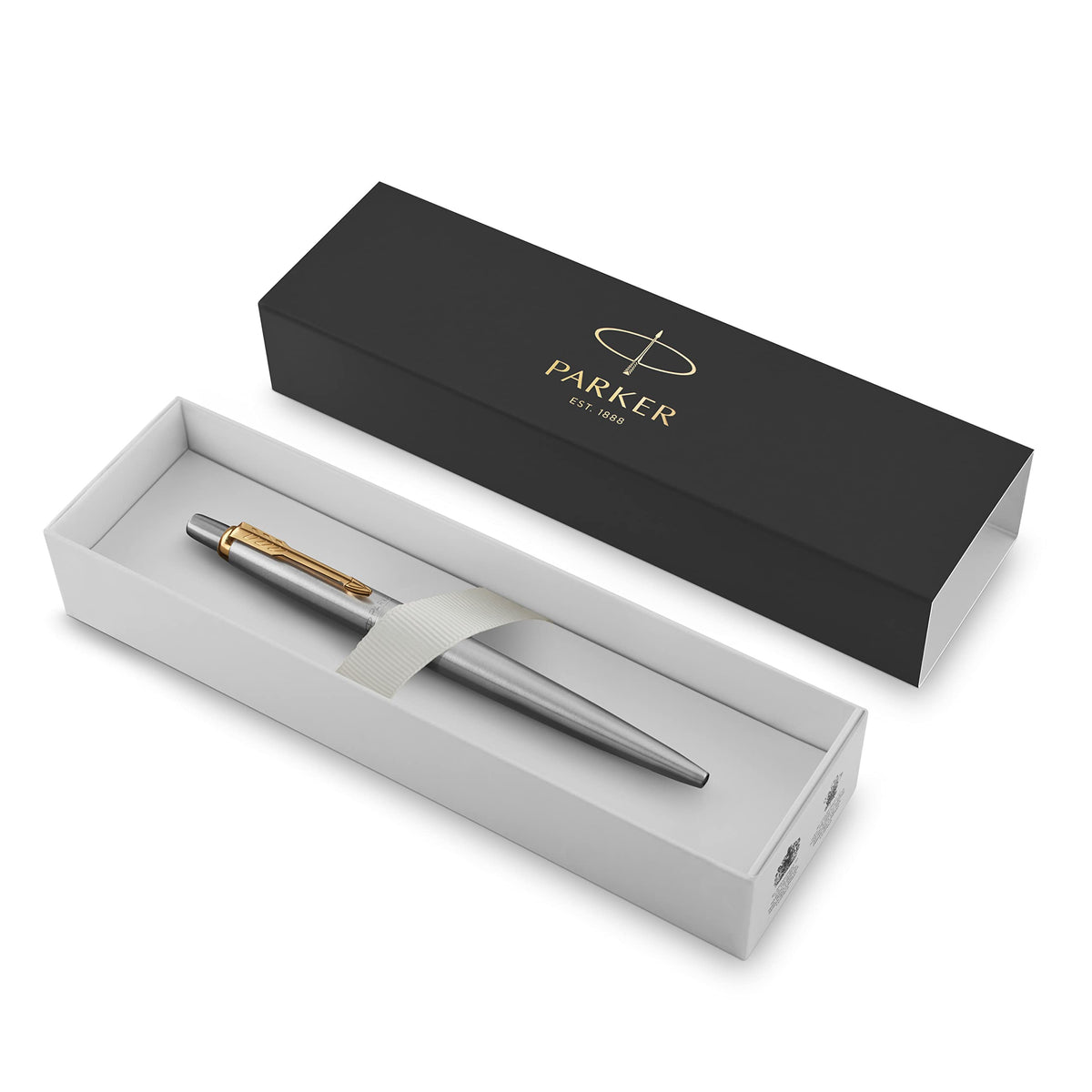 Parker Jotter Ballpoint Pen, Stainless Steel with Golden Trim, Medium Point, Blue Ink, Gift Box