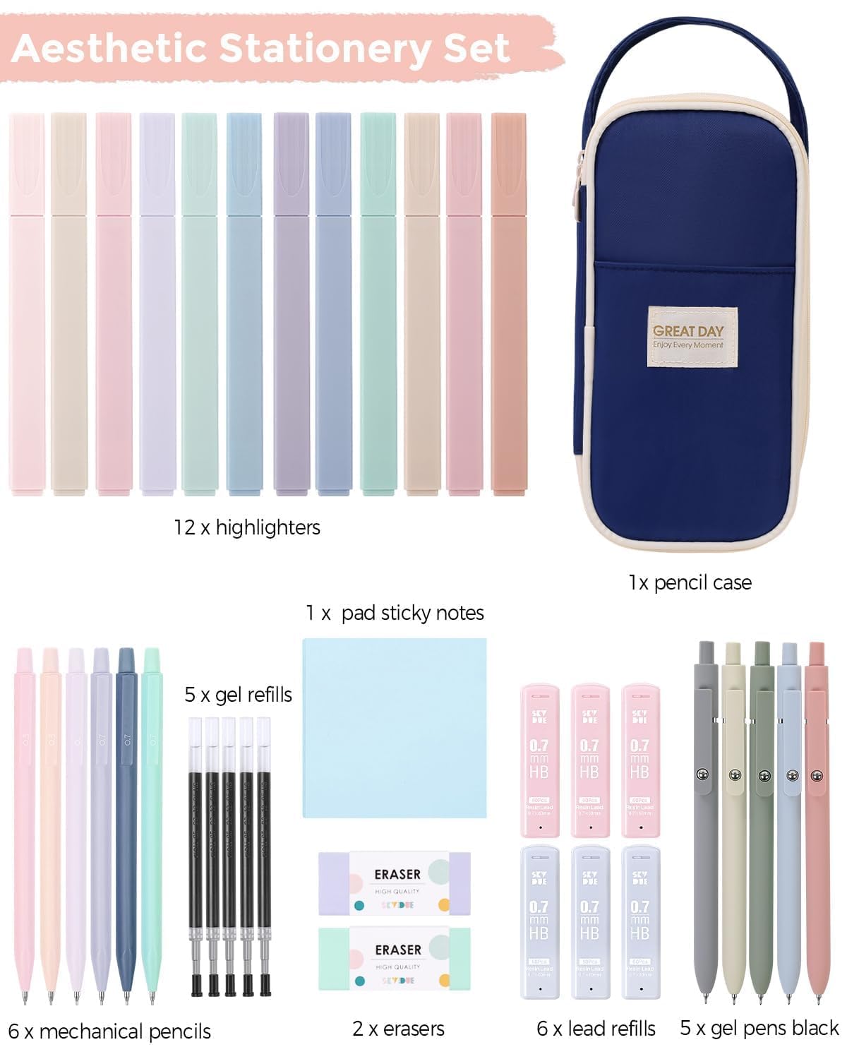 SKYDUE Cute School Supplies Kit, 38 PCS Aesthetic Stationery Set with Large Pencil Case, Pens
