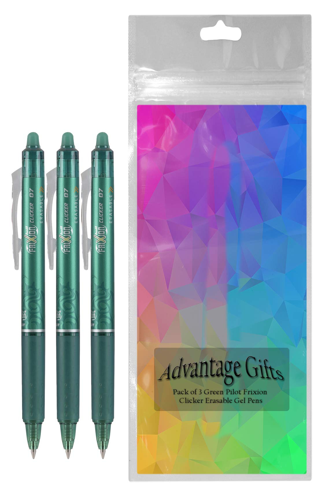 Advantage Gifts Clicker Retractable Erasable Gel Pens Fine Point (.7mm) Green Ink 3-pk;