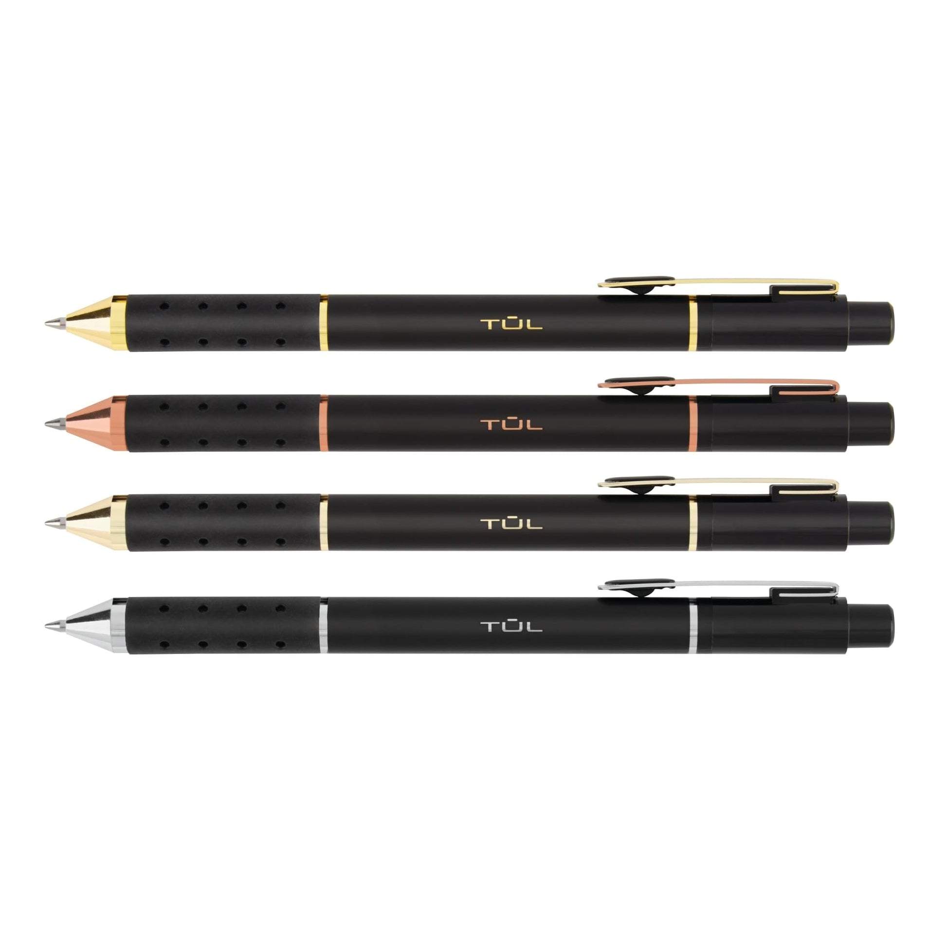 TUL® BP Series Retractable Ballpoint Pens, Mixed Metals, Medium Point, 1.0 mm, Black Barrel, Black