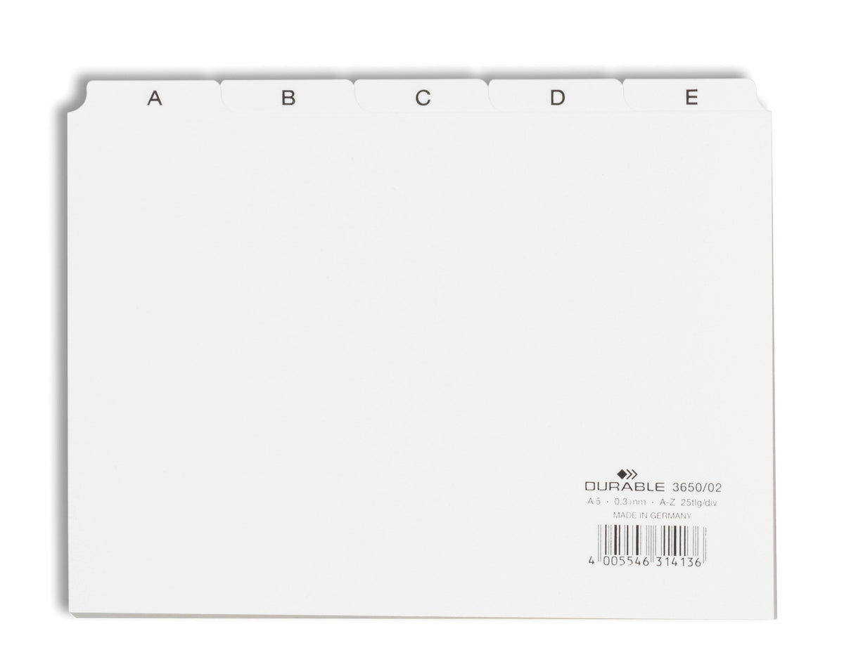 Durable Index Card Set A5, Printed A-Z Tabs, White, PVC