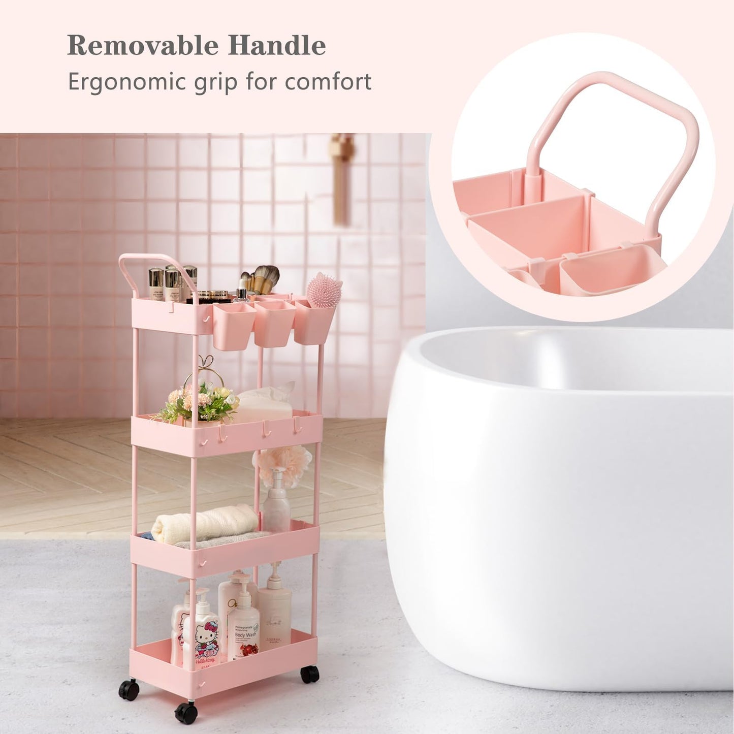 Danpinera 4-Tier Pink Slim Storage Cart, Narrow Laundry Cart with Wheels, Dividers, Hanging Cups