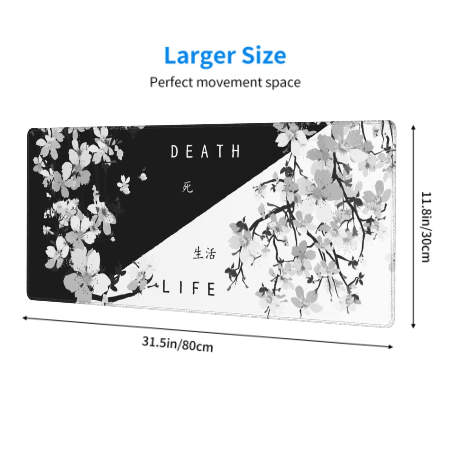 Black White Cherry Blossom Mouse Pad 31.5 X 11.8 Inch XL Japanese Art Style Design Extended Gaming
