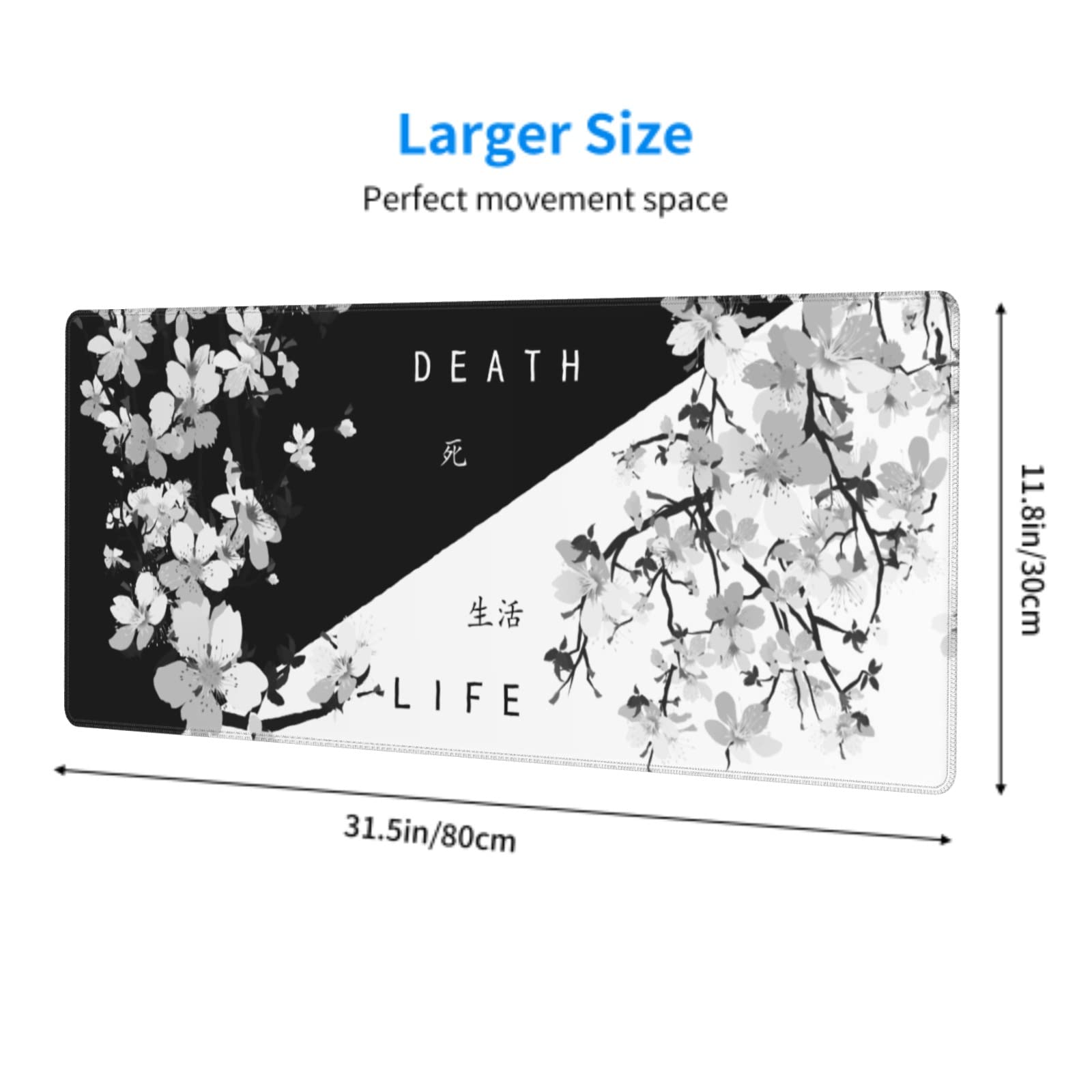 Black White Cherry Blossom Mouse Pad 31.5 X 11.8 Inch XL Japanese Art Style Design Extended Gaming