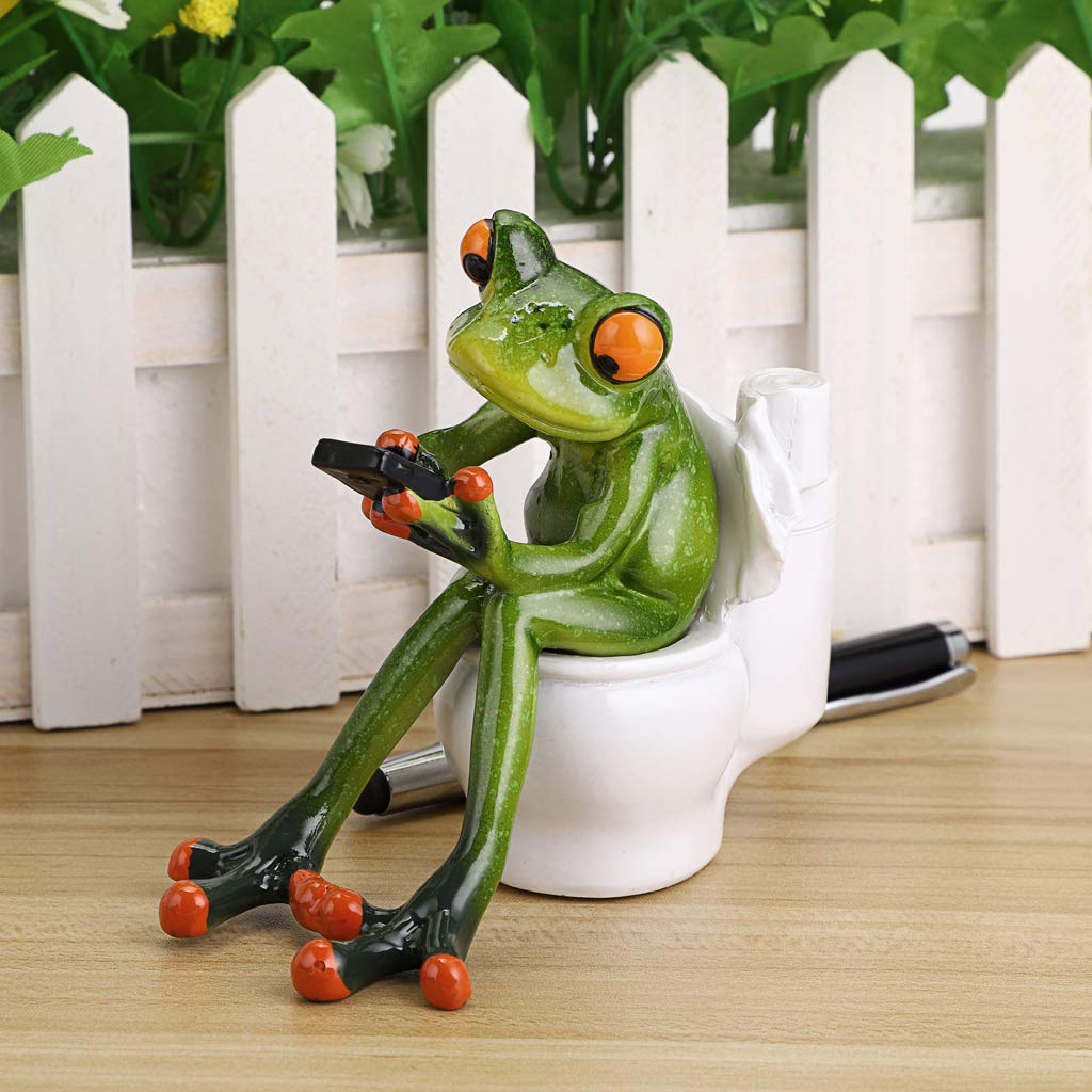 JUXYES Texting On Toilet Frog Figurines Collectibles for Home Office Decor