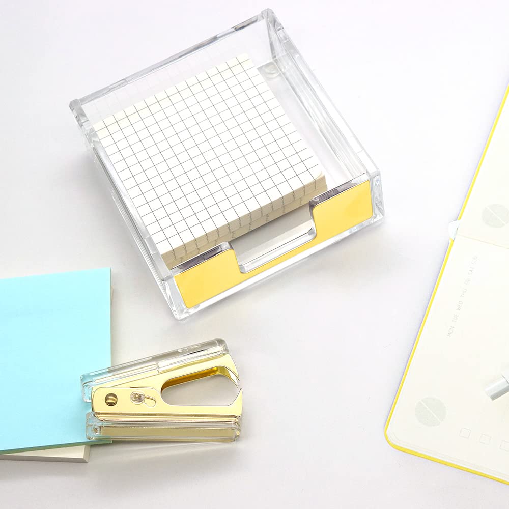 Clear Acrylic Body Bright Yellow Gold Tone Self-Stick Note Pad Holder N Staples Remover Set for