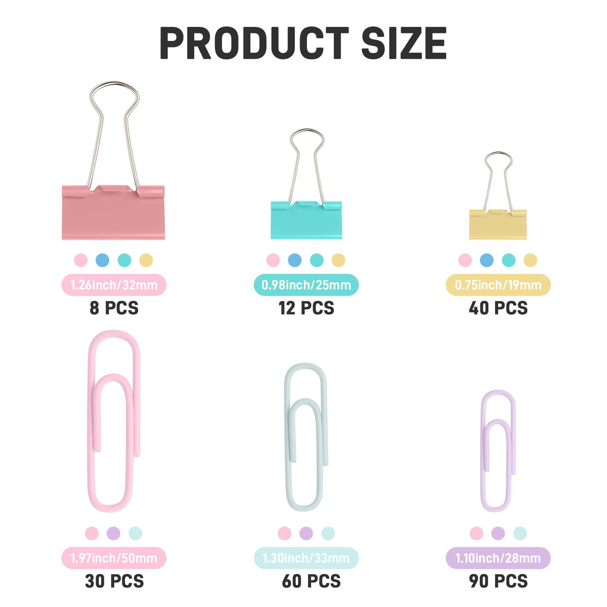 240PCS Colored Assorted Size Paper Clips and Binder Clips, Paperclips Large Medium Small, Binder