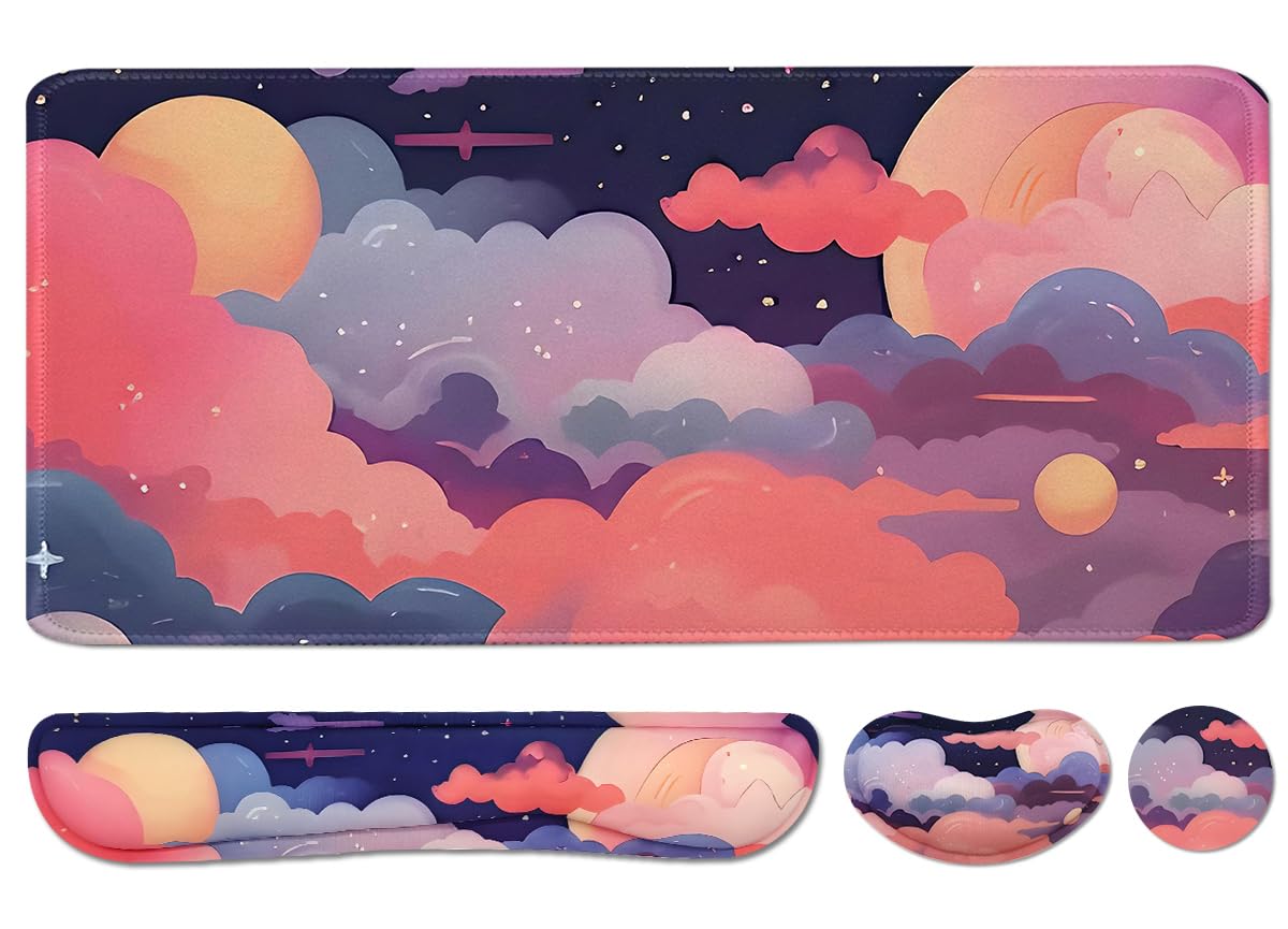 Large Mouse Pad Set, Cute Extended Mouse Pad+Keyboard Wrist Rest Support Desk Pad Memory Foam