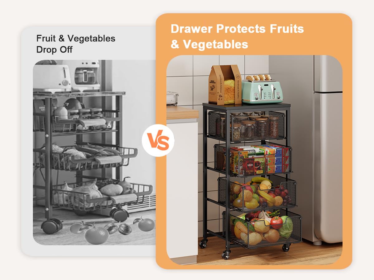 4-Tier Fruit Vegetable Storage Cart - Kitchen Organizer and Storage Cart with Wheels, Wooden Top