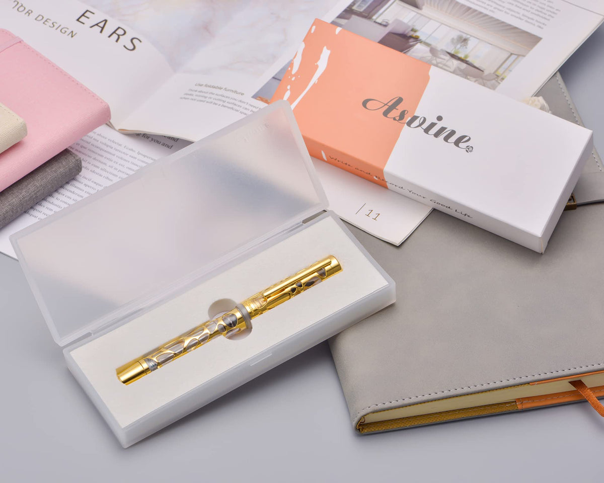 Asvine V169 Vacuum Filling Fountain Pen Extra Fine Nib, Water Drop Skeleton Overlay Gold Trim