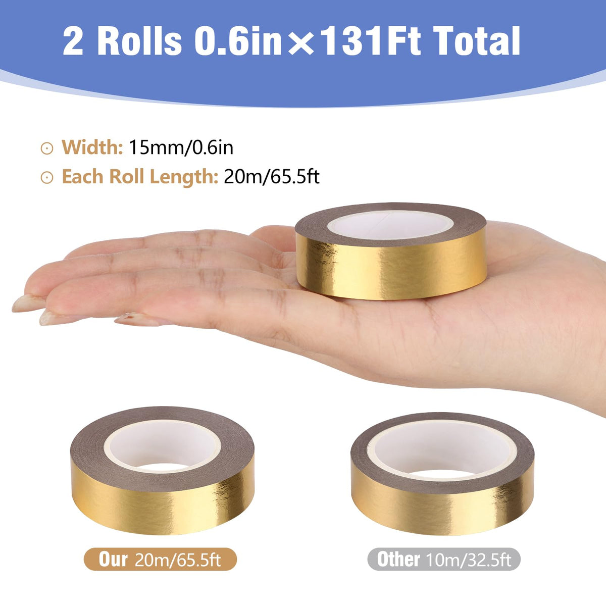 Fyguard Gold Washi Tape, 2 Rolls, 0.59 in x 65 Ft, Low Tack Foil