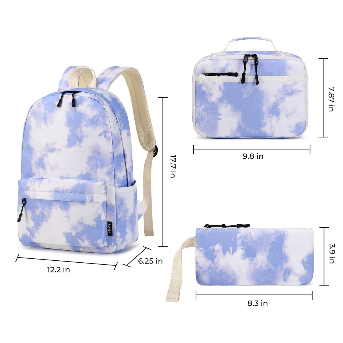 Imyth Backpack for Teen Girls School Gift Bookbag Lunch Box Pencil Bag 3 in 1 Set (Tie dye-Blue)
