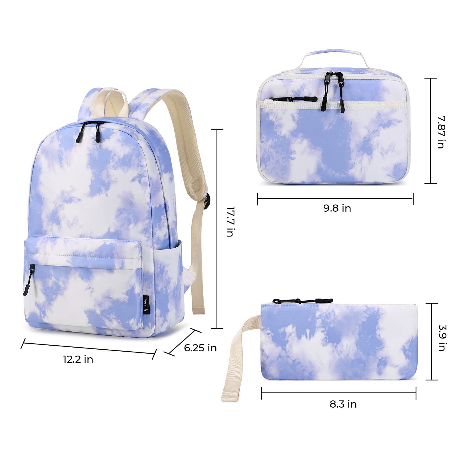 Imyth Backpack for Teen Girls School Gift Bookbag Lunch Box Pencil Bag 3 in 1 Set (Tie dye-Blue)