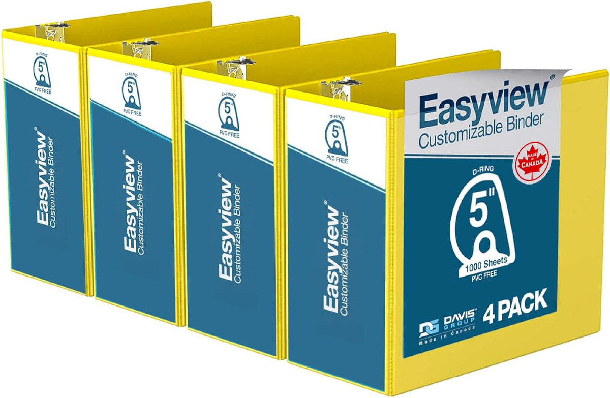 Easyview 3-Ring Binder, Clear-View Cover, 5" D Rings, Yellow, 4 Pack
