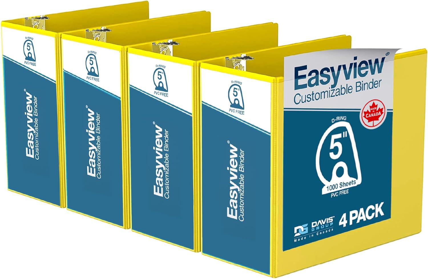 Easyview 3-Ring Binder, Clear-View Cover, 5" D Rings, Yellow, 4 Pack