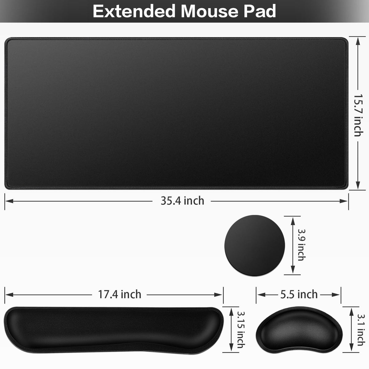 Mouse Pad Black, Mouse Pad with Wrist Rest, 4-in-1 Large Mousepad Keyboard