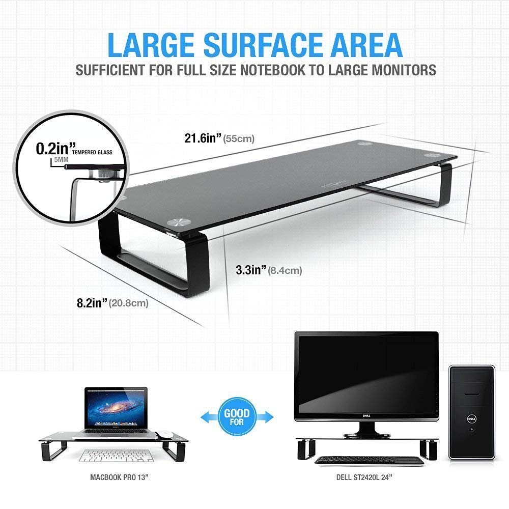 Eutuxia Type-S Black Tempered Glass Monitor Stand, TV, Laptop, Computer, All-In-One Desktop