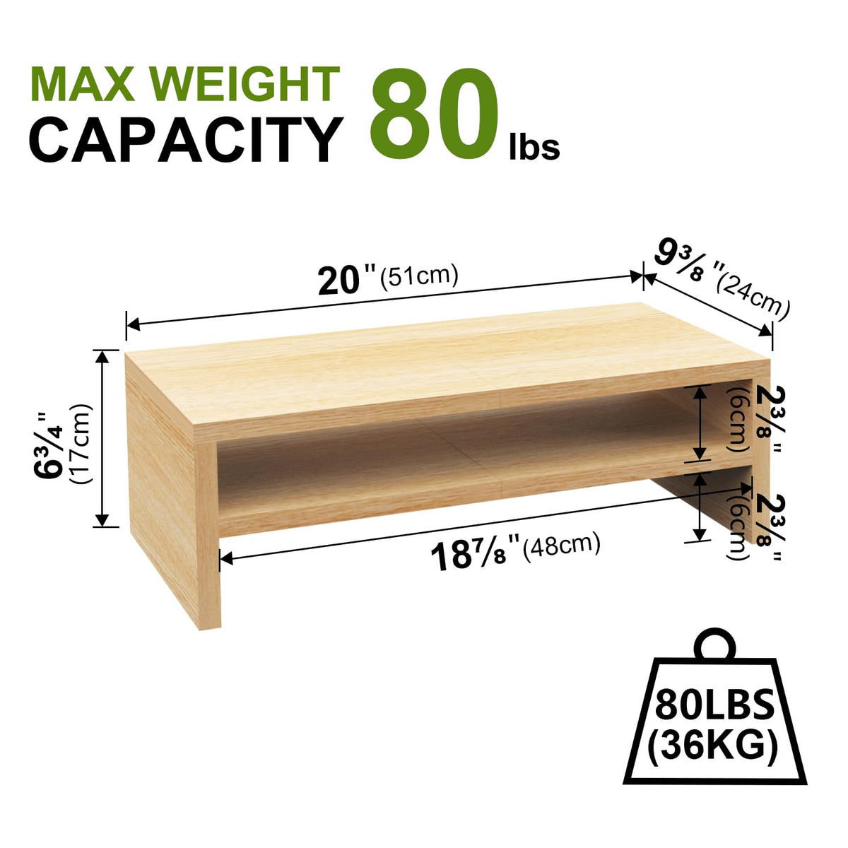 TEAMIX 20 inch Monitor Riser Stand - 2 Tiers, Wood Desktop Bookshelf, Maple