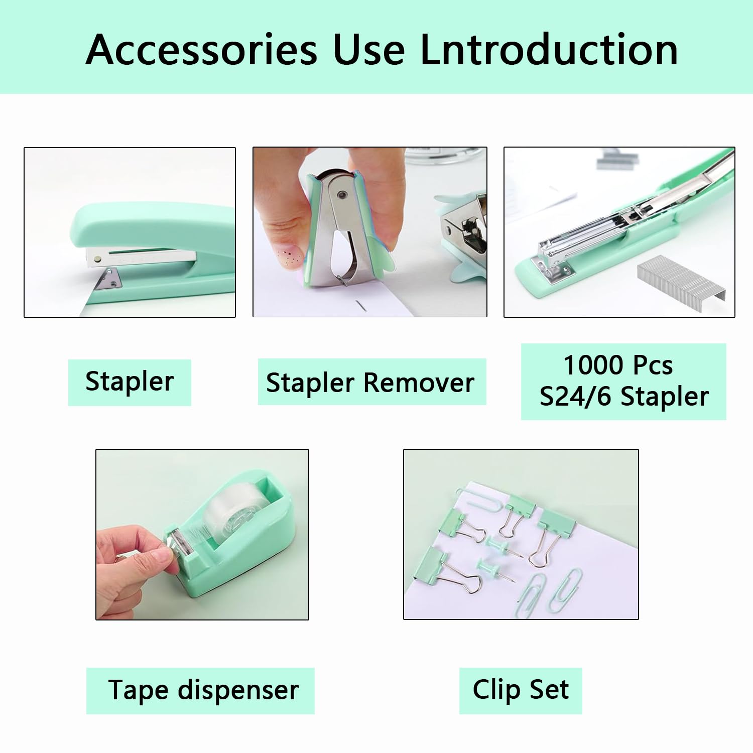 Office Supplies,Green Desk Accessories,Office Supplies Set,Stapler and Tape Dispenser