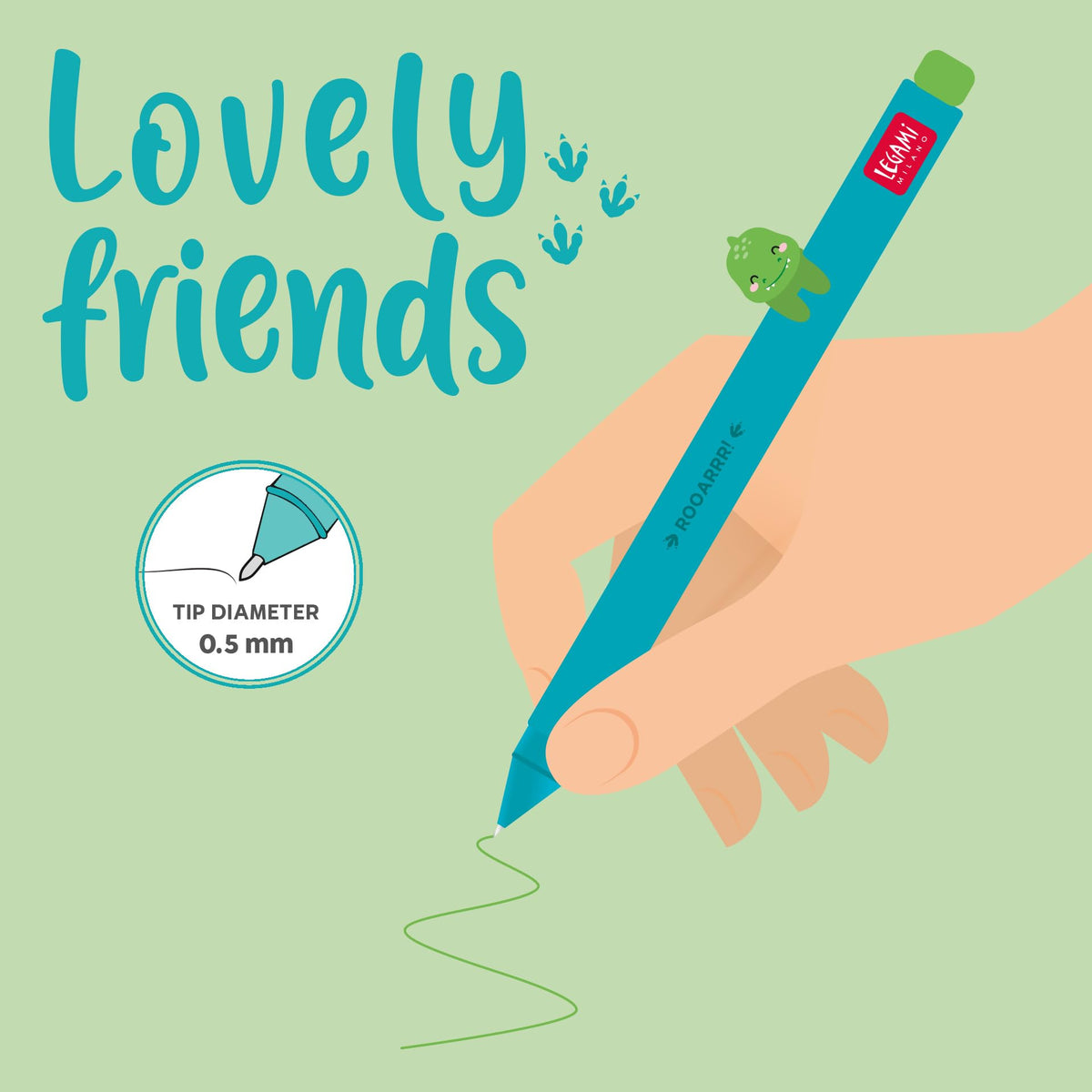 Legami - Gel Pen with Decorative Animal - Lovely Friends, Prevents Rolling, Green Ink, Removable