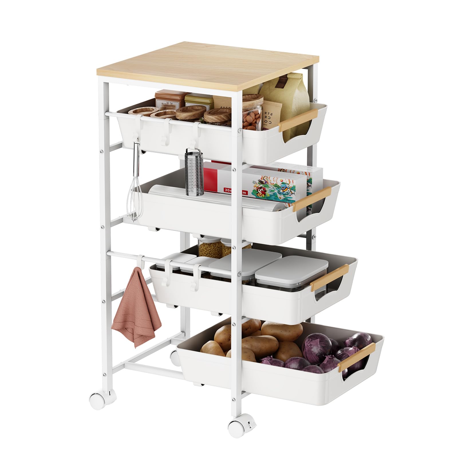 Landmok 5-Tier Kitchen Storage Cart, Wood Top Rolling Cart Organizer with Pull-Out Baskets &