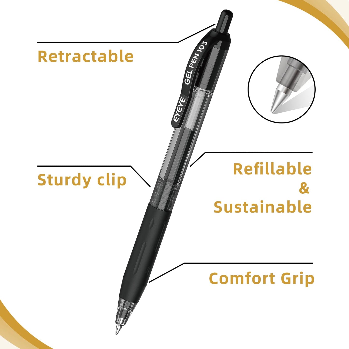 EYEYE G-103 Retractable Gel Pens Black 50 Pack, 0.5mm Extra Fine Point Ink Pen Quick Dry, Ballpoint