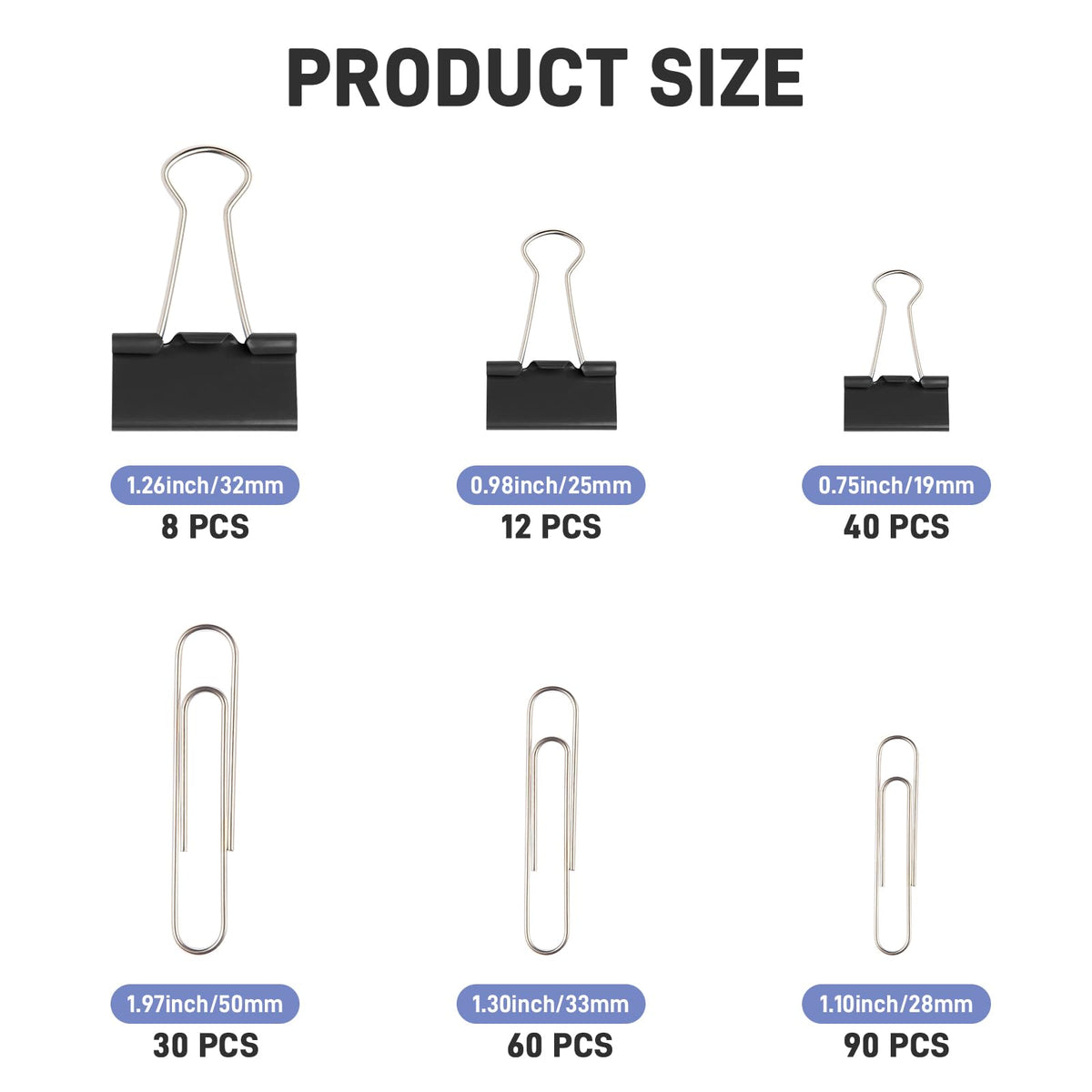 240PCS Black Assorted Size Paper Clips and Binder Clips, Paperclips Large Medium Small, Binder Clip