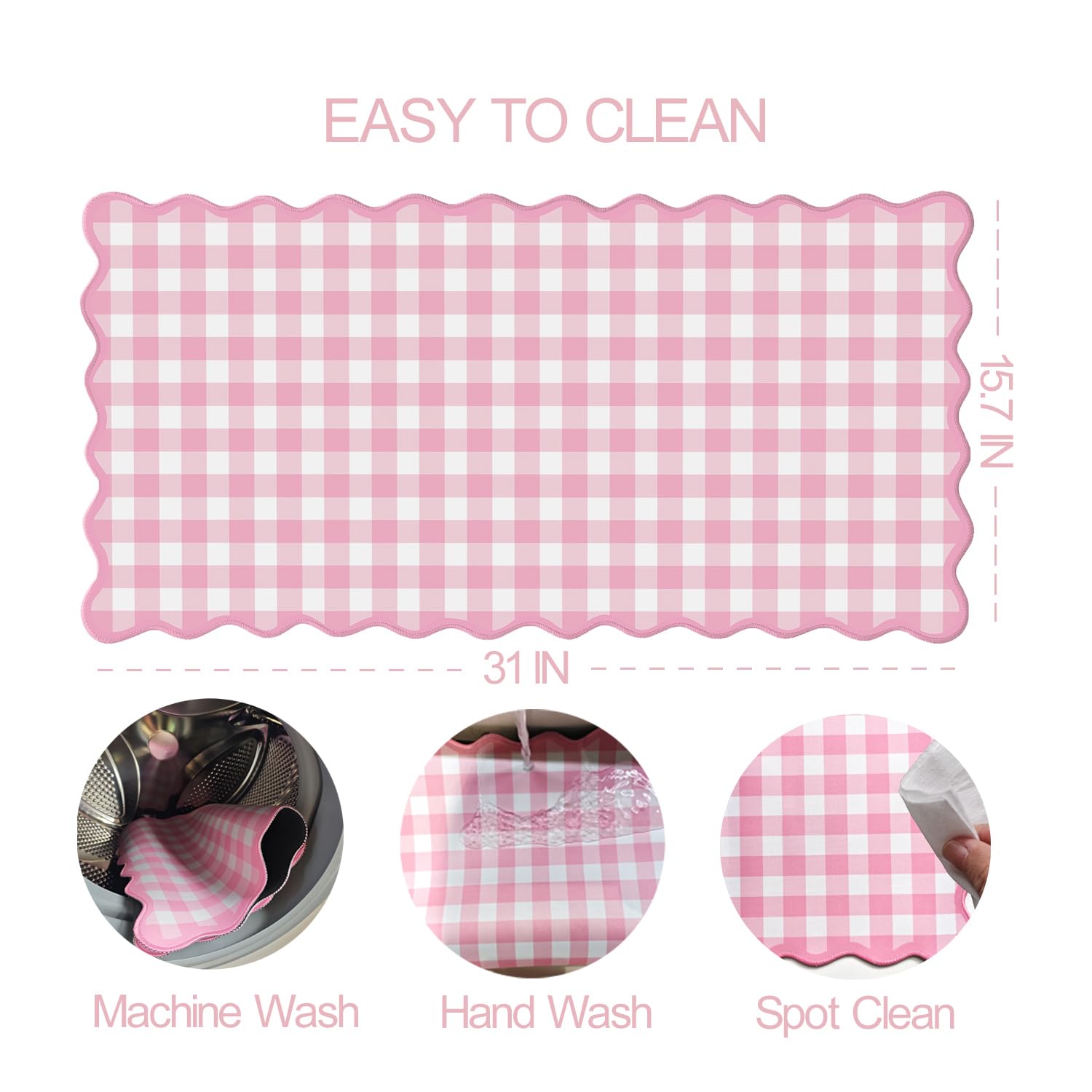 Scalloped‌ Pink Checkered Gingham Desk Mat Cute Pastel Large Mouse Pad Kawaii Cottagecore ‌Vintage‌
