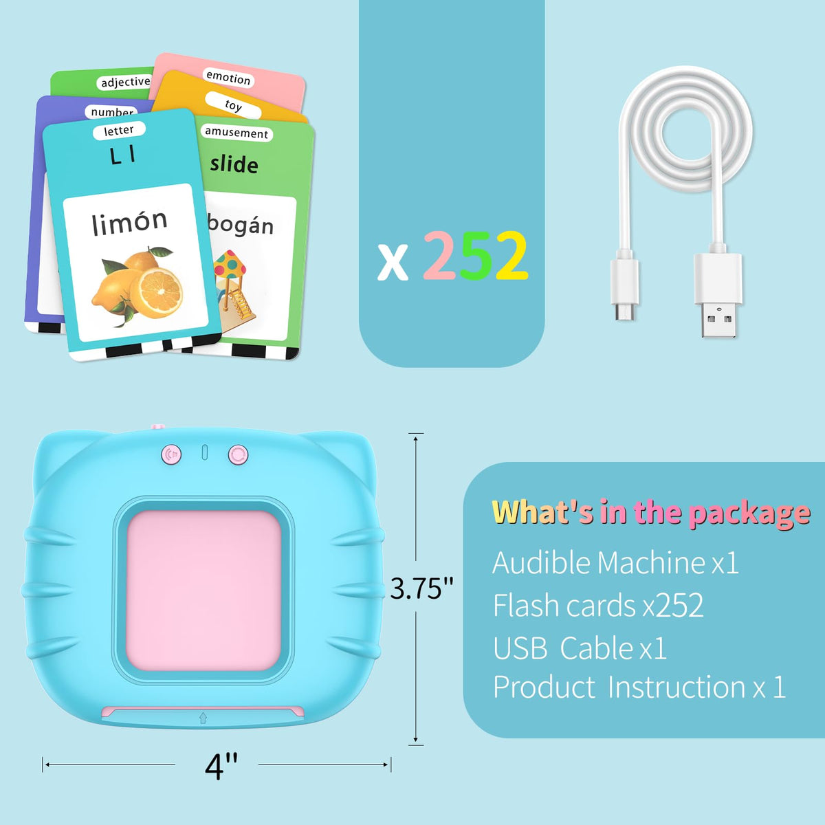 Eaever Spanish English Bilingual Learning Toys, ABC Talking Flash Cards with 520 Words, Gift for 3