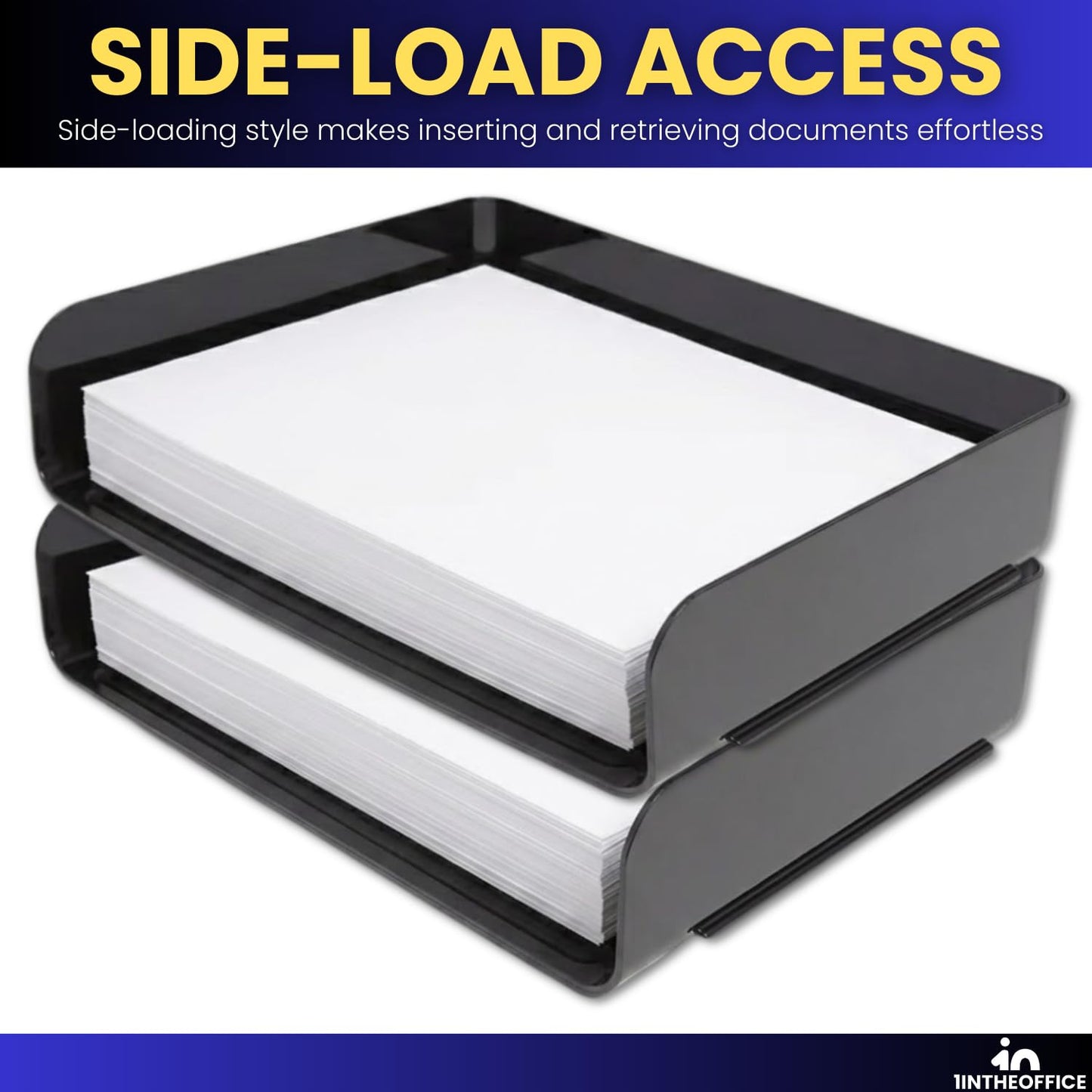 1InTheOffice 2-Tier Letter Tray Desk Organizer, Stackable, Side Load, Black, 2 Pack