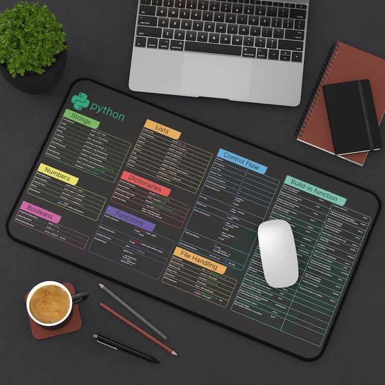 Python Cheat Sheet Desk Mat for Software Engineers, Hackers and Programmers, Quick Key, Large