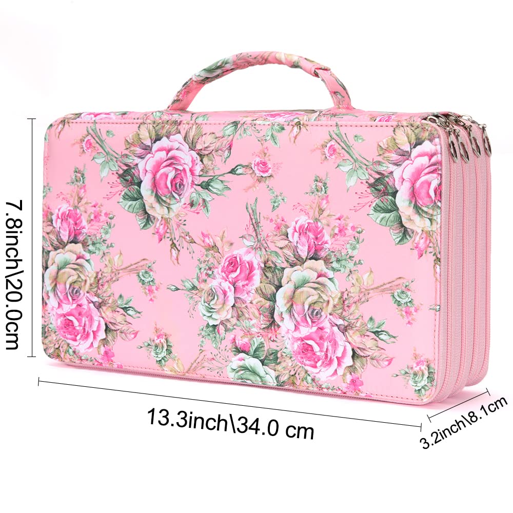 Vomgomfom 300 Slots Marker Case 4-Layer PU Leather, Handle, Pink Rose