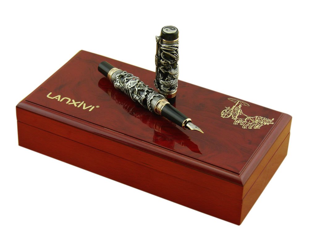 Jinhao Dragon Phoenix Fountain Pen Fine Writing Luxury Case Set Vintage Black Collection with Ink
