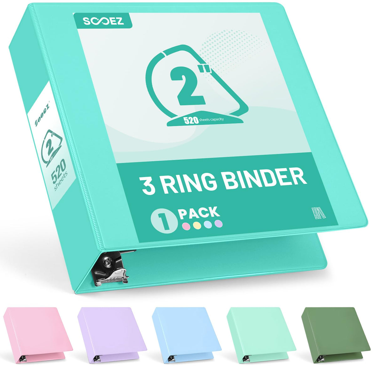 Sooez 3 Ring Binder 2 Inch, D-Ring Binder with Pockets, Teal, Letter Size