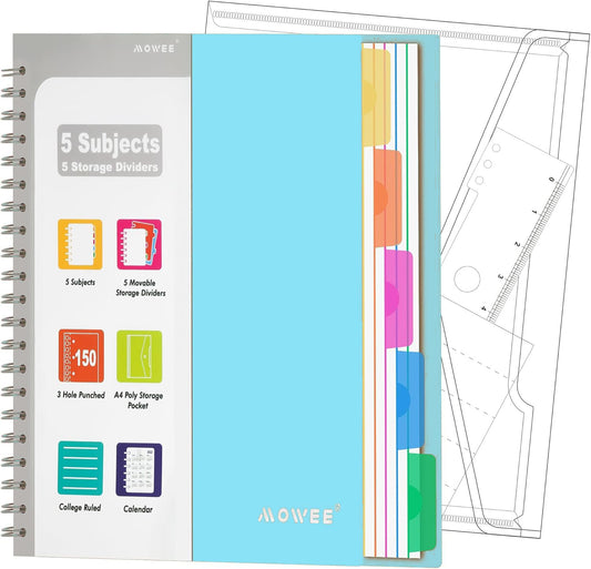 MOWEE 5-Subject Spiral Notebook, College Ruled, with Pocket & Tab Dividers