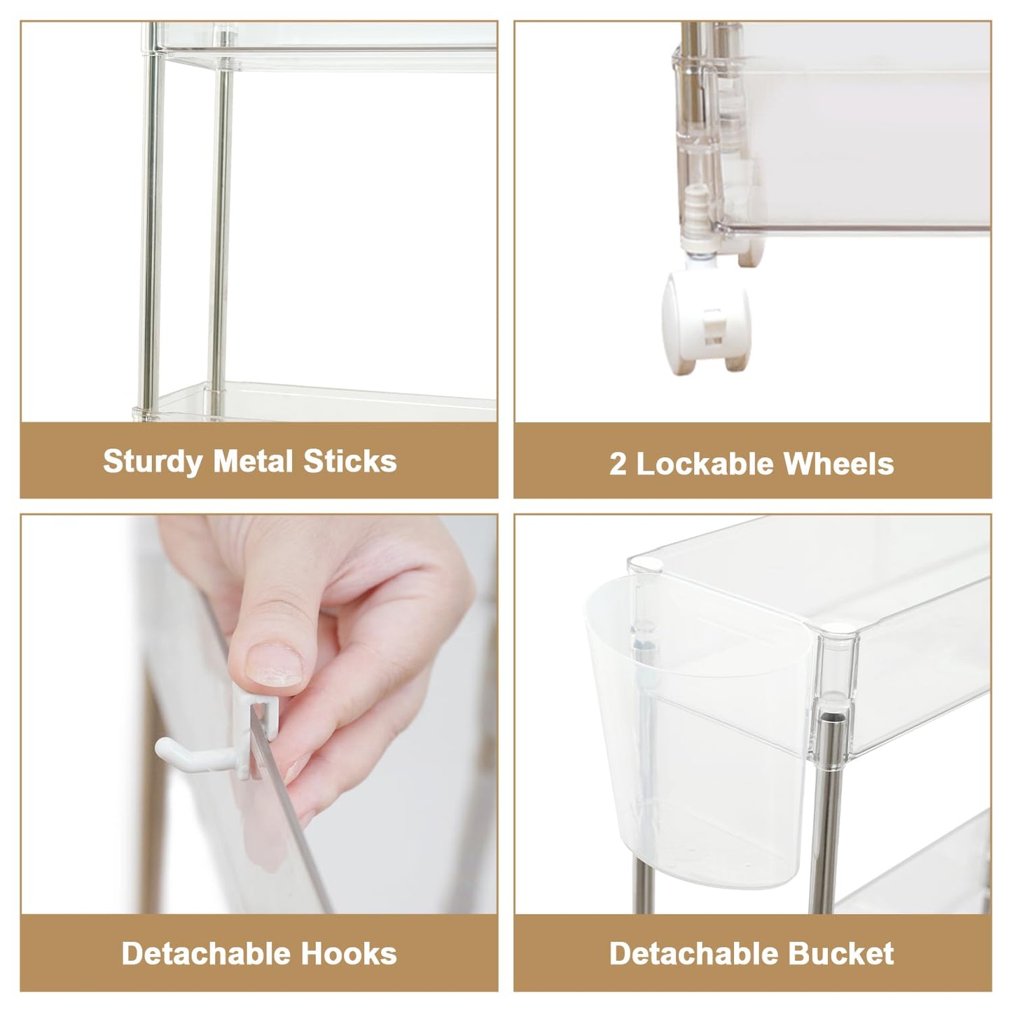 VECELO 3-Tier Acrylic Rolling Cart, Utility Cart for Kitchen Storage, Mobile Shelves Slide-Out