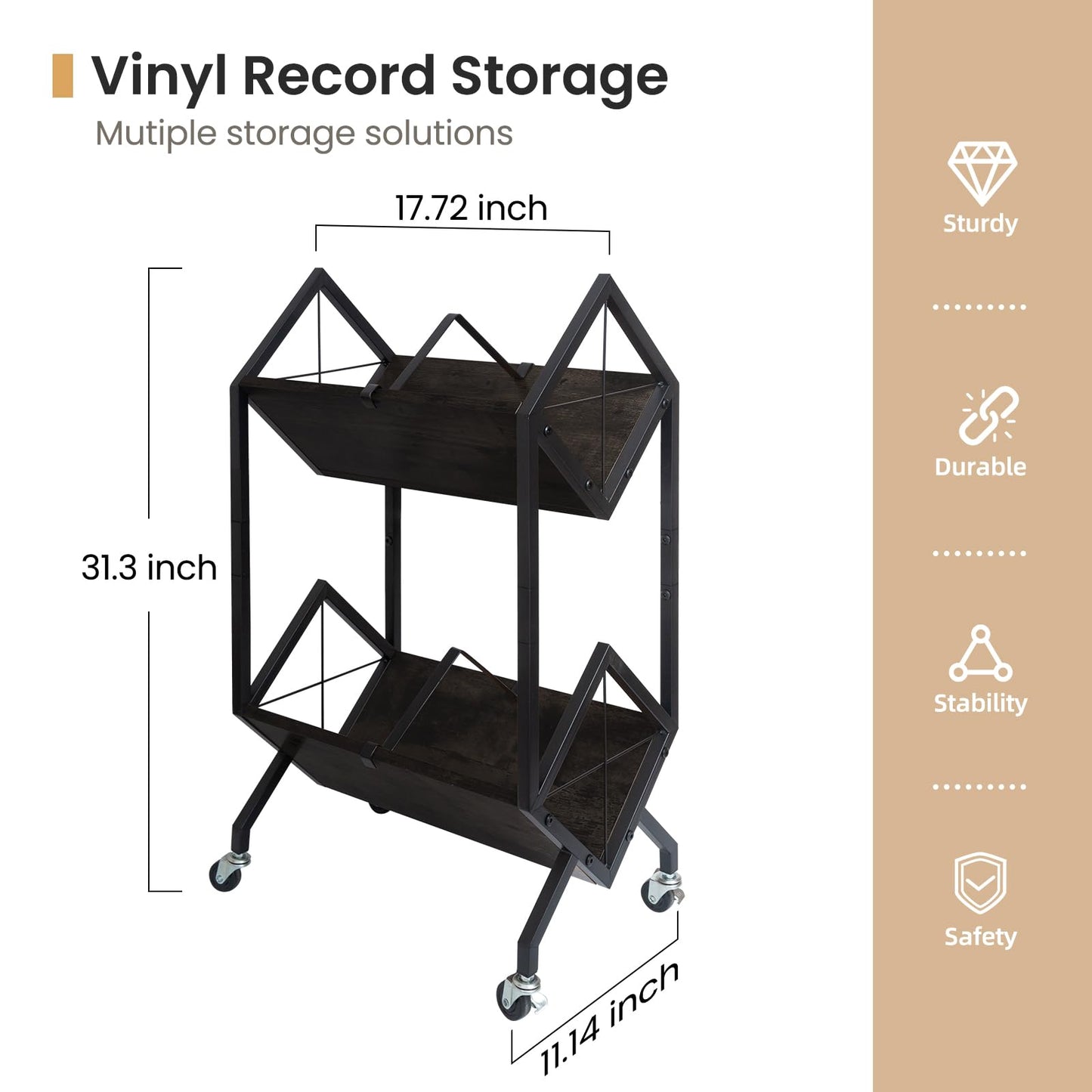 SwaaVee Vinyl Record Storage Holder with Wheels, 2-Tier Record Holder 160-200 LP with Dividers