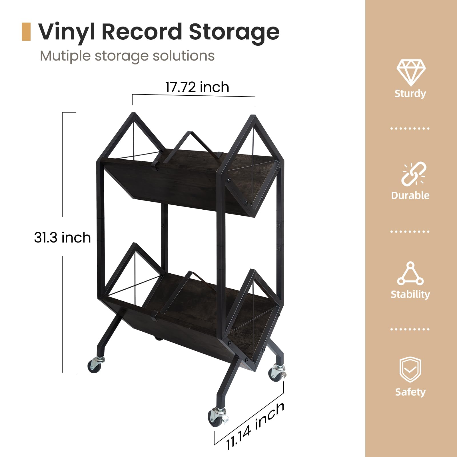 SwaaVee Vinyl Record Storage Holder with Wheels, 2-Tier Record Holder 160-200 LP with Dividers